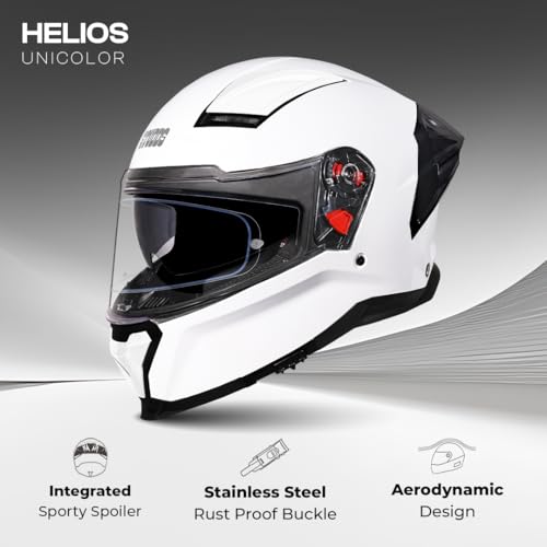 Image of STUDDS Helios ISI and DOT Certified Full Face Helmet with Antifog 100 Lens, Sporty Spoiler (White - XL)