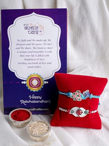 Image of CraftVatika Silver Plated Rakhi Set of 2 for Brother Boy Men, Designer Ganesha Radhe Krishna Rakhi for Brother, Premium Thread for Rakshabandhan Festival with Best Wishes Card and Tillak Set for Him