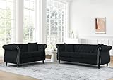 JEEOHEY Chesterfield Sofa Set,2 Pieces Button Tufted Velvet Couch with Rolled Arms&Nailhead Trim,Comfy 2/3 Seater Sofa,Oversize Mid Century Modern Couch for Living Room,Bedroom,Apartment,Office(Black)