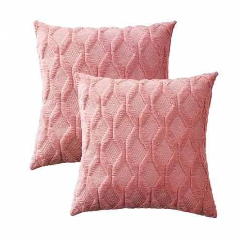 Image of Volcanics Pack of 2 Faux Wool Throw Pillow Covers 18x18 Inches Decorative Farmhouse Velvet Couch Pillow Case Soft Plush Square Boho Cushion Pillowcase, Coral Red
