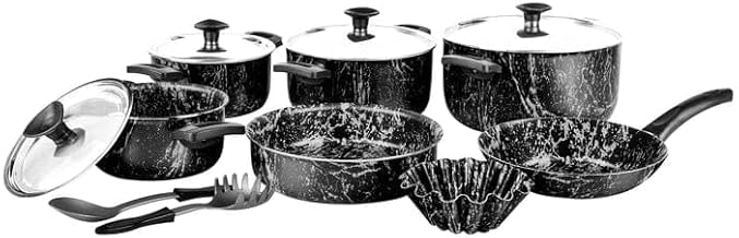 طقم أواني الطبخ من جراندي-هوم، مصنوع من الطلاء الرخامي باللون الأسود الماربل، يتميز بنمط رخامي وسطح متين، مكون من 11 قطعة