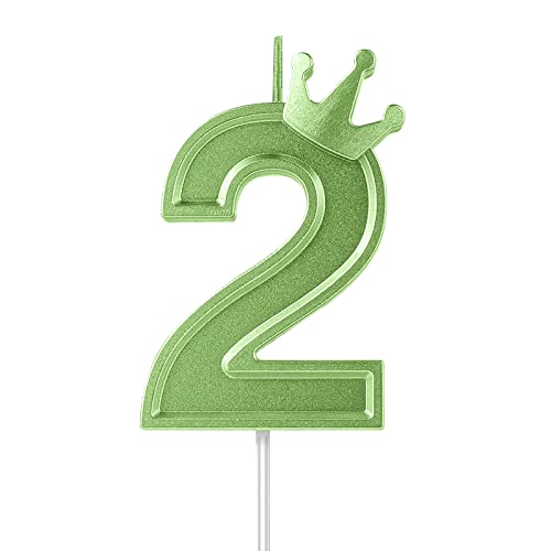 7,6cm Velas Cumpleaños Numeros, 3D Velas Cumpleaños Numeros con Decoración de Corona a Velas con Número de Cumpleaños para Pastel Cumpleaños Aniversario Fiestas (Verde, 2)