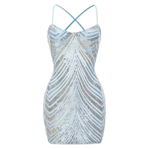 homdor Sequin Bodycon Homecoming Dresses for Teens Sparkly Short Homecoming Dress Spaghetti Strap Mini Cocktail Party Dress-Size 2, Sky Blue Cover