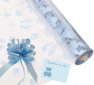 Baby Boy Cellophane Gift Wrap Hampers Florist Baby Shower + Free Pull Bow, Curling Ribbon & Card (3 Metre, Baby Blue Ribbon, Baby Blue Pull Bow)