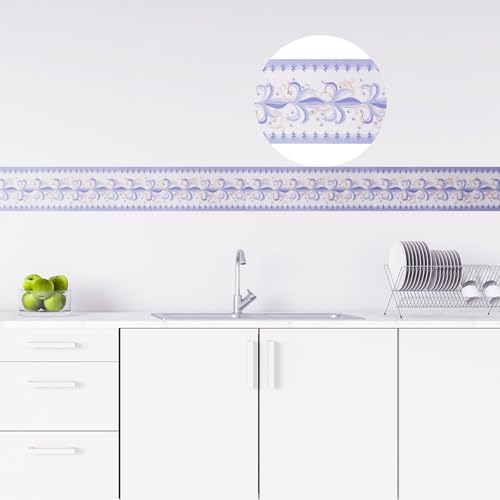 Cenefa de papel de pared autoadhesiva Sourcingmap con diseño de flores azul y blanco 6