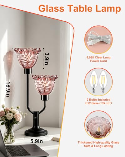 Image of Lightdot Mid Century Modern Table Lamp Dimmable Vintage Red Glass Lamp Gift | Black Desk Lamp 2 Bulbs Included 3000K Warmwhite Nightstand Ambient Bedside Lamps for Bedroom Living Room Home Decor Gift