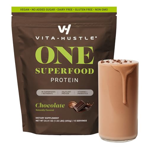 VitaHustle ONE Vegan Protein Powder, Chocolate - 20g Plant Protein Meal Replacement with 86+ Superfoods & Greens, Probiotics + No Bloat Digestive Blend - Dairy Free, Gluten Free (15 Servings)