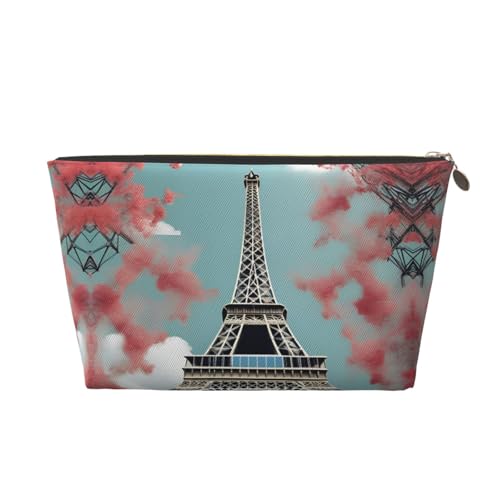 Gold Leather Travel Toiletry Bag – Reusable Eiffel Tower Print Cosmetic Makeup Organizer Pouch – Portable Soft Storage Bag