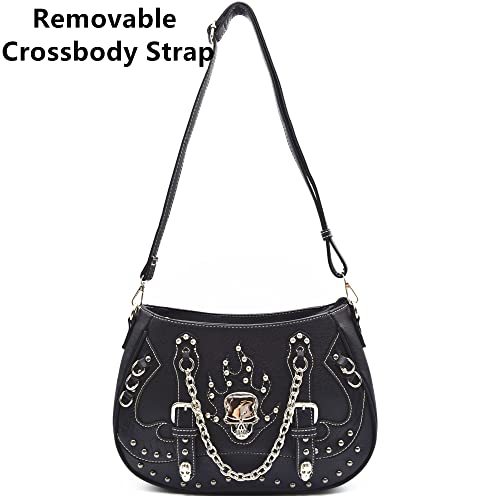 WESTERN ORIGIN Punk Gothic Skull Chain Crossbody Handbag Removable Strap Purse Women Single Shoulder Bag/Wallet Black3