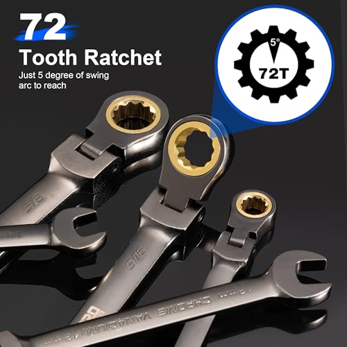 Prostormer 9-Piece SAE Flex-Head Ratchet Wrench Set, Cr-V Constructed with Black Nickel Plating, 1/4" to 3/4" Standard Swivel Head Ratcheting Combination Wrench Kit with Rolling Pouch