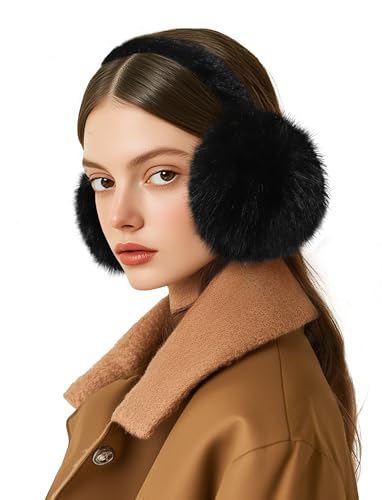 Lainlight Women Winter Ear Muffs Foldable Ear Warmers Ultra Soft Fluffy Faux Fur Earmuffs for Travel Skiing Black