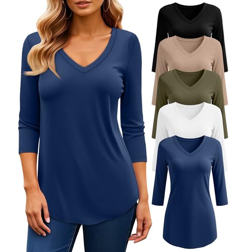 Ficerd 5 Pack Women's 3/4 Sleeve V Neck Tops Dressy Casual Fitted T Shirts Multipack Solid Basic Trendy Bulk Tees