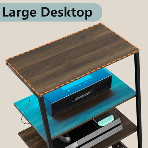 furomate 4-Tier AV Media Stand with Charge Station, Corner TV Stand with LED Lights, Rack Audio Tower, Corner Entertainment Center, Stereo Cabinet for/Apple TV/Xbox One/ps4 (Walnut)
