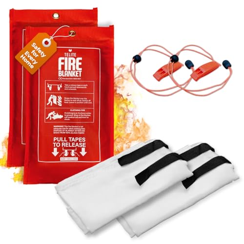 Fire Blanket 1m x 1m, Fiberglass Reusable Fire Blankets with 1 Whistle, Emergency Fire Blanket for Kitchen, Home, School, Caravan Car, and Office