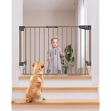 Cumbor 29.243" Baby Gate for Stairs, Hardware Mounted Drill Required, Expandable No Bottom Bar Dog Gate, Auto Close Extra Wide Walk Thru, Pet & Toddler Proof Gate, Top & Bottom of Stairways Brown