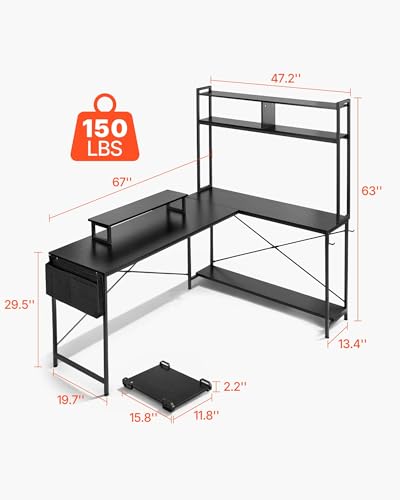 Image of VEVOR L-Shaped Computer Desk, 67-inch Reversible Corner Gaming Desk with Monitor Stand & Movable CPU Stand, Modern Stylish PC Table Sturdy Work Workstation for Home Office - Easy to Assembly