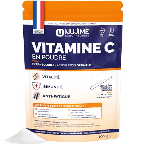 Vitamine C pure en poudre | 1 000mg par dose | Poudre ultra fine, solubilité instantanée | 100% acide L-ascorbique | Immunité, Vitalité, Anti-fatigue | Cuillère doseuse incluse (1KG)