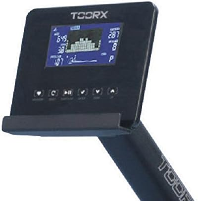 Close-up of the Toorx RWX-500 Rower's blue backlit LCD console, displaying workout data and control buttons.