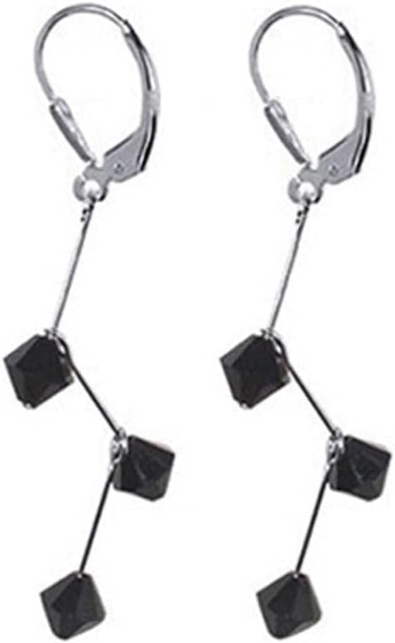 Black Austrian Crystals Handmade 925 Sterling Silver Zig Zag Drop Leverback Earrings for Women