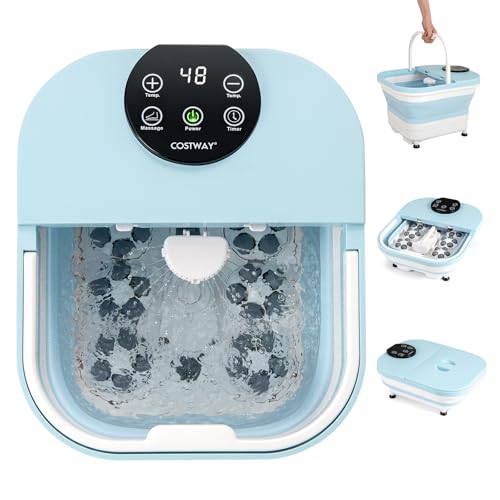 COSTWAY Foot Spa Bath Massager, Folding Electric Pedicure Footbath with Heater, Shower, Timer, Temperature Control and 30 Massage Rollers, Collapsible Home Foot Soak Tub for Feet Relief (Blue)