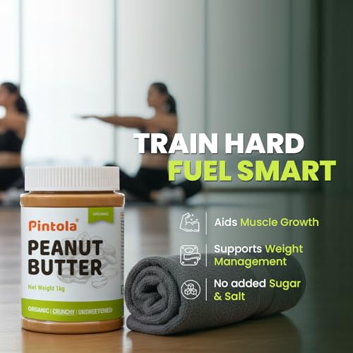 Image of Pintola Organic Unsweetened Peanut Butter Crunchy 1kg - High Protein 30g & 9g Dietary Fiber, Made with Organic Peanuts, No Added Sugar, No Preservatives