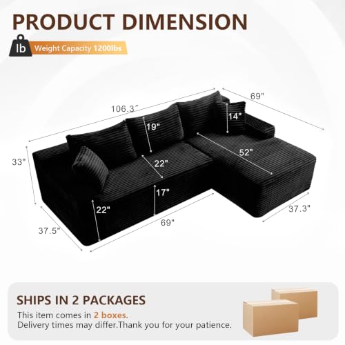 Image of 106.3 inch L Shaped Boneless Sectional Corduroy Couches for Living Room (Black)