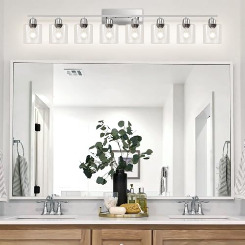 Image of Modern Brushed Nickel 8 Light Bathroom Light Fixtures,52 inch Vanity Lights for Bathroom with Clear Glass, Bathroom Light Fixture for Mirror Kitchen Living Room Hallway Cabinet Porch