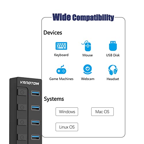 Powered-USB-Hub-VANOTOM-7-Port-Charging-USB-3132-Gen-2-Hub-Superspeed-USB-Splitter-up-to-10Gbps-with-Power-Adapter-and-Individual-OnOff-Switches-for-PC-and-Laptop