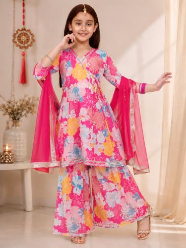 Image of Preneum Girls's Ethnic Cotton Bandhani & Lehariya Printed 3 /4 Sleeves Gotta Patti Angrakha Kurta with Sharara Set