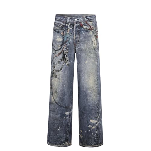 Mens 3D Digital Print High Waisted Straight Leg Casual Loose Denim Pants