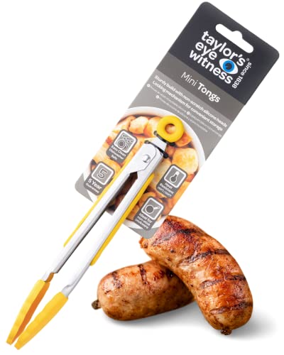 Taylors Eye Witness Small Steel Yellow Silicone Tongs - Dishwasher Safe. Sturdy Build, Non-Scratch Heads And Convenient Locking Mechanism. Odour, Stain & Heat Resistant (260°C/500°F). 5 Year Guarantee