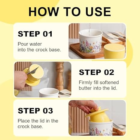 12 Piece Melamine Dinnerware Sets - Flower and Butterfly Design- Butter Crock with Yellow Lid for Countertop - Spring Camping Dishs Indoor Outdoor Use
