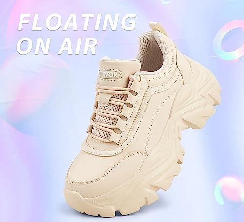 Image of K KIP WOK Chunky Sneakers for Women Fashion Platform White Leather Casual Dad Shoes Comfortable Wedge Walking Sport Sneakers | White Leather Casual Dad Shoes Comfortable Wedge Walking Sport Sneakers