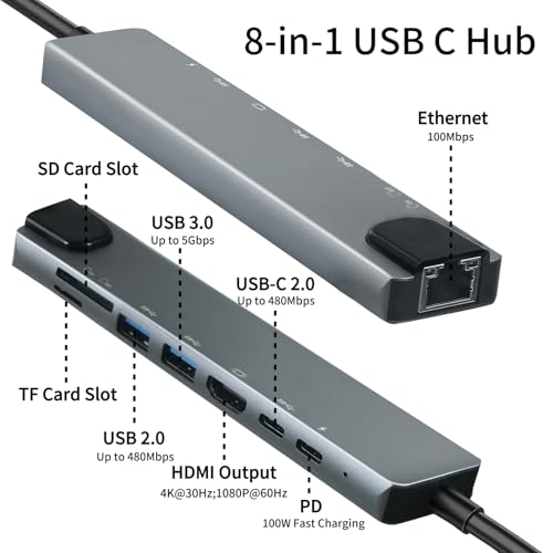 8 in 1 USB C Hub, USB C Multiport Adapter mit Ethernet, PD 100W, 4K HDMI, USB 3.0 & USB 2.0 Anschlüsse, SD&TF Kartenleser, Typ C Hub für MacBook Air/Pro, iPad, Samsung, Dell XPS, HP