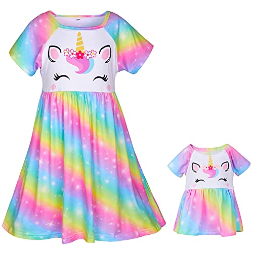 Play Tailor Doll And Girl Matching Nightgown Unicorn Outfit Pajamas Night Dress For Girls And 18" Dolls Clothes, 4-5T, Rainbow #TOP1
