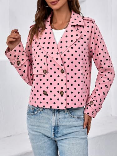 Tankaneo Womens Cropped Trench Coat Polka Dots Lapel Double Breasted Short Jacket Outwear with Pockets — view 2