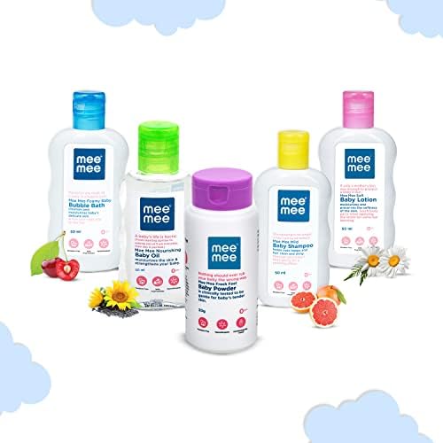 Mee Mee 5 in 1 Daily Essentials Kit For Baby | Powder (30g), Shampoo, Lotion, Baby Oil, & Bubble Bath (50ml) Made with Moisturizing and Nourishing Natural Extracts | Babycare Travel Kit, Gift Set for Newborn & Baby Shower | Paraben Free, Dermatologically Approved