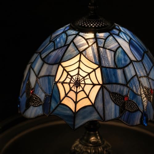 WWG Halloween Tiffany Table Lamp, Halloween Decorations Vintage Glass Spiderwed Lamp, Gothic Dark Style, Resin Tabletop Light, for Bedroom Dining Dorm Living Hallway Cottage Office Cafe & Gift,Grey