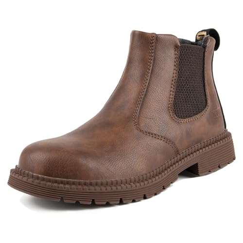 USOR Safety Boots for Men Women Lightweight Work Sneakers Leather Comfortable Safety Shoes Slip-Resistant Steel Toe Shoe for Industrial Construction Brown 41 EU