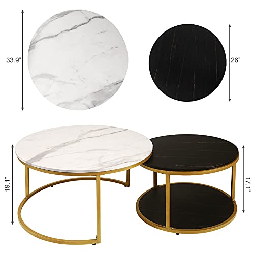 Image of NSdirect Nesting Coffee Table Set of 2,Round Coffee Tables Modern Circle Table for Living Room Accent End Side Table with Storage Open Shelf Wooden Top & Gold Sturdy Metal Frame(White&Black)