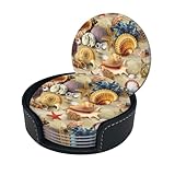 Juego de 6 posavasos redondos de cuero con estampado de conchas de playa para bebidas, juego de 6 tazas, tazas, alfombrilla para el hogar y la cocina