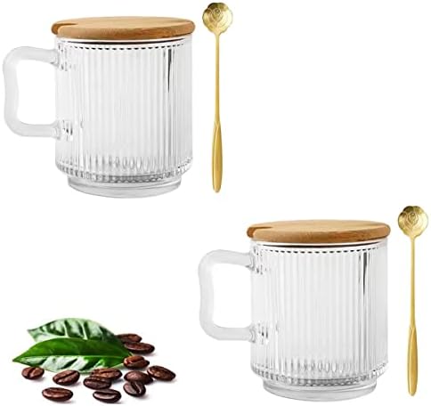 DONYU Glass Coffee Mug with Lid - of 2 12.5 Ounces Premium Classical Vertical Stripes Glass Tea Cup - for |Latte|Tea|Chocolate|Juice|Water| - Unleaded - Bamboo Lid (Clear)