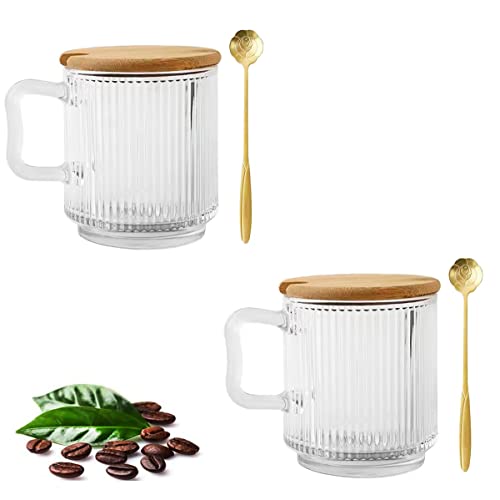 Donyu Glass Coffee Mug With Lid - Of 2 12.5 Ounces Premium Classical Vertical Stripes Glass Tea Cup - For |Latte|Tea|Chocolate|Juice|Water| - Unleaded - Bamboo Lid (Clear) #TOP2