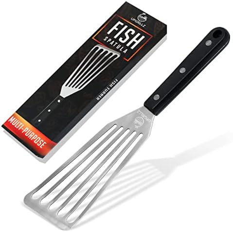 Fish Spatula 12.6 inch Stainless Steel - Fish Turner with Heat Resistant Handle - Premium Spatulas for Cooking Fish, Meat, Eggs - BBQ Slotted Turner with ABS Solid Handle and Hanging Hole