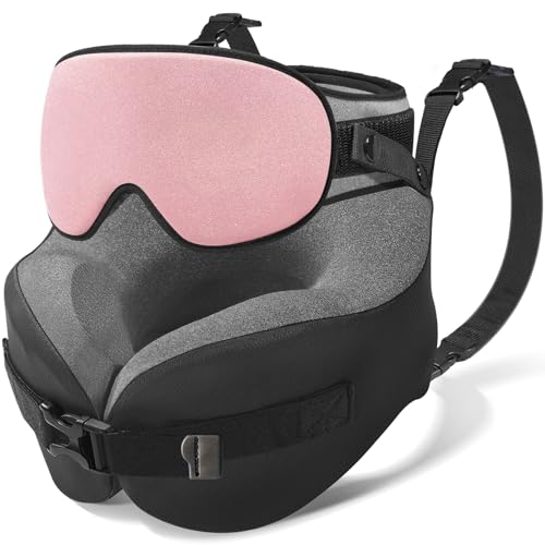 Image of YFONG Travel Pillow with Head Support & Sleep Mask for Long Flights, Pink