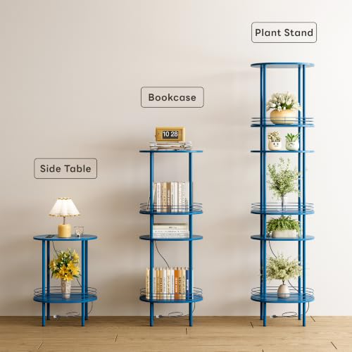 Image of Small Oval Side Table with Charging Station, 2-Tier Blue Round End Table