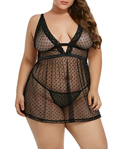 Innerger Women Lace Mesh Plus Size Lingerie Halter V neck Chemise Babydoll Sleepwear Black Polka Dot 1X