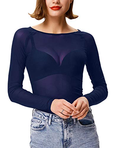 Kate Kasin Sheer Long Sleeve Top Mesh Shirts for Women(XL,Navy)