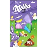 1 confezione da 97g. Contiene 1 uovo di cioccolato con all'interno 7 ovetti confettati ripieni di cioccolato Milka.