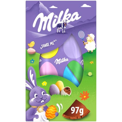 1 confezione da 97g. Contiene 1 uovo di cioccolato con all'interno 7 ovetti confettati ripieni di cioccolato Milka.